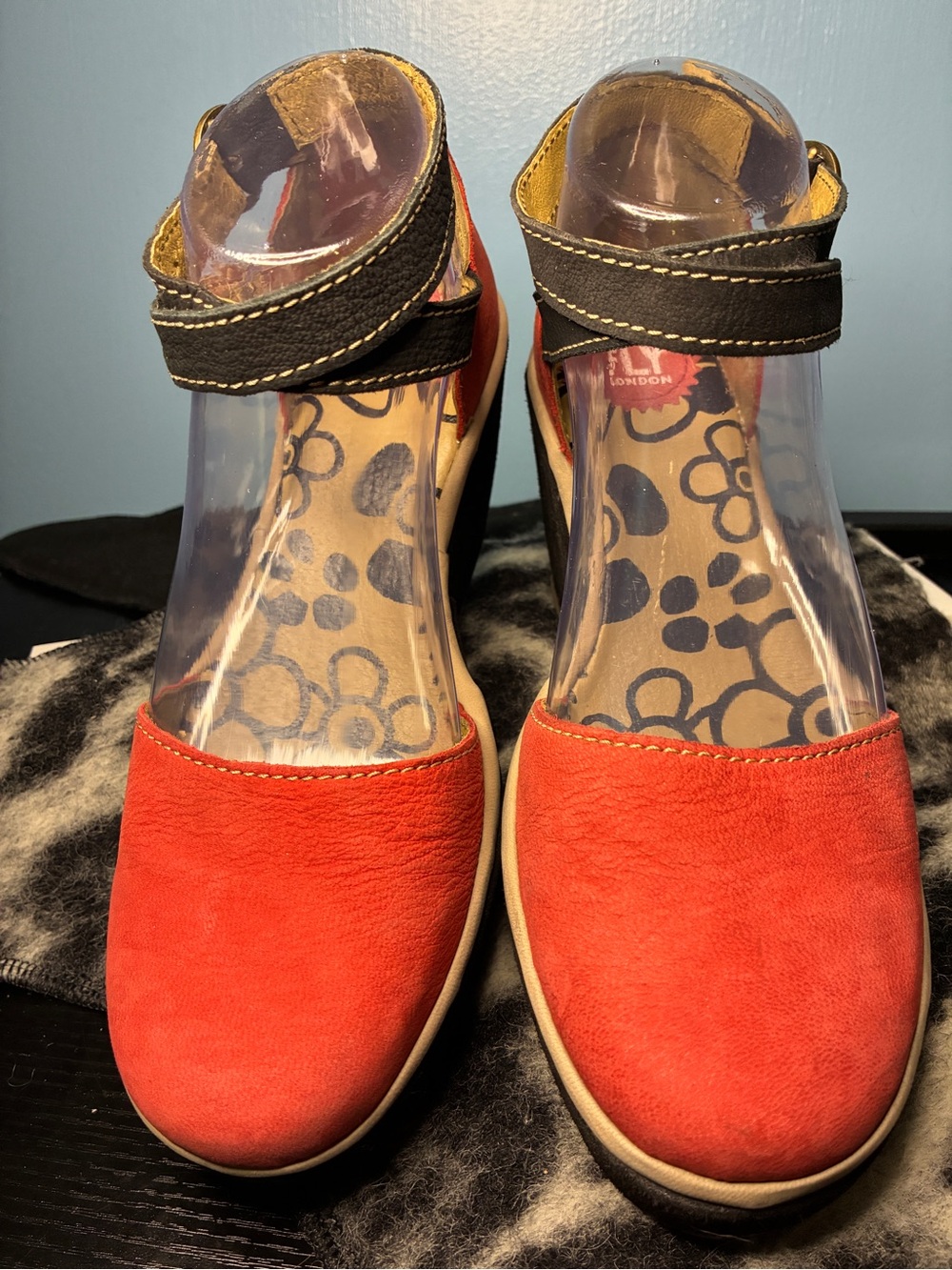 Fly London Red Suede Closed-Toe Wedge with Black Ankle Strap